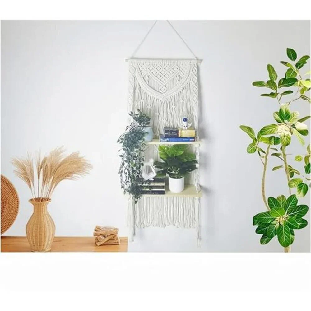 Macrame Wall Hanging Shelf 2 Tier Boho Floating Shelf Organizer for Plants